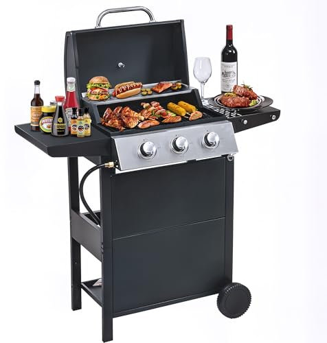 Tufons - Barbacoa de gas propano de 3 quemadores con rejilla de calentamiento, barbacoa de gas de acero inoxidable con salida de 25.650 BTU para exteriores, camping, barbacoa y cocina en el jardín