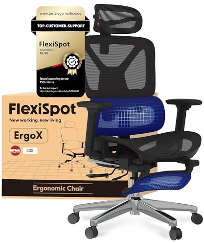 FLEXISPOT ErgoX – Sedia da ufficio ergonomica in rete, con poggiatesta 3D, supporto lombare indipendente, schienale 5D regolabile, braccioli 3D, seduta traspirante, girevole con ruote, portata 130 kg