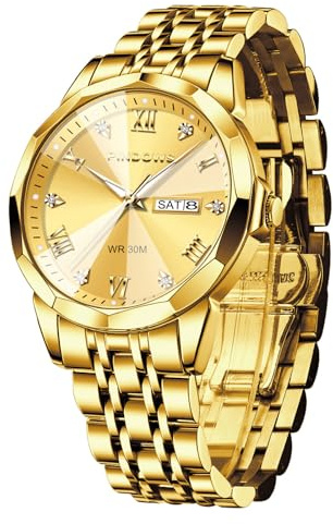 PINDOWS Men's Two-Tone Stainless Steel Quartz Watch, Day-Date, Luminous | Business dress styling with luminous hands, date window, crystal accented Roman markers and 30 m daily water resistance