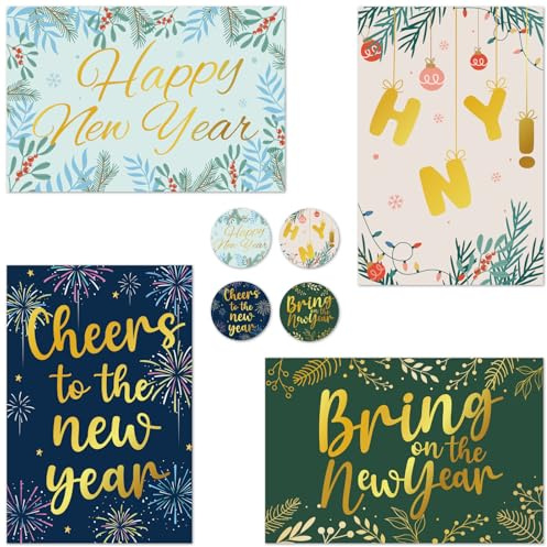 Thboxes New Year Cards with Envelopes, 24 Pack 4x6in Happy New Years Greeting Cards, Gold Foiled 300gsm Happy Holiday Card Christmas Card with Stickers for Family Friend Teacher Classmate, 4 Design