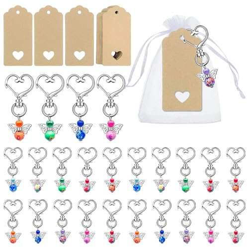 Lyhsens 25 Pezzi Portachiavi Angeli Custodi con Portachiavi in Carta Kraft Bianca，Sacchetti di Organza，Set per Regali di Battesimo，Comunione，Conferma e Regali di Addio