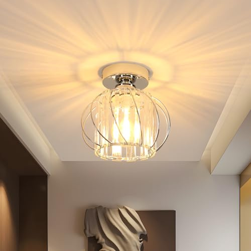 Pheashine Lampada da Soffitto Cristallo, Plafoniera a Soffitto Moderne in Cristallo E27, Lampadario Cristalli con Argento per Camera da Letto, Sala da Pranzo, Cucina