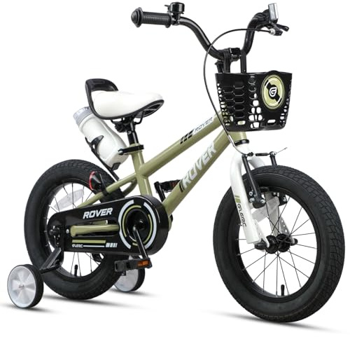 Glerc Rover Kids Bike, 14 Inch Boys Bike for 3-5 Years Old Children, Kids Bicycle with Water Bottle & Basket & Training Wheels, Army Green