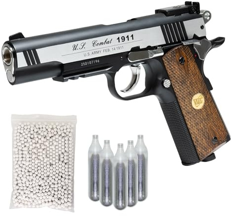 Pistola Softair Coltt 1911 CO2 Full Metal, Pistola a Pallini Scarrellante con 10 Bombolette, 1000 Pallini 6mm, Pistole Softair, Airsoft, colore nero, potenza 0,90 joule (LEGNO)
