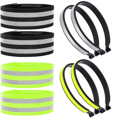 Minxulan 8 Pezzi Mollette per Pantaloni da Bicicletta e Bande Catarifrangenti, Elastico Fasce riflessione di Sicurezza per Uomo Donna per Ciclismo Notturno Jogging all'aperto (Nero/Verde Neon)