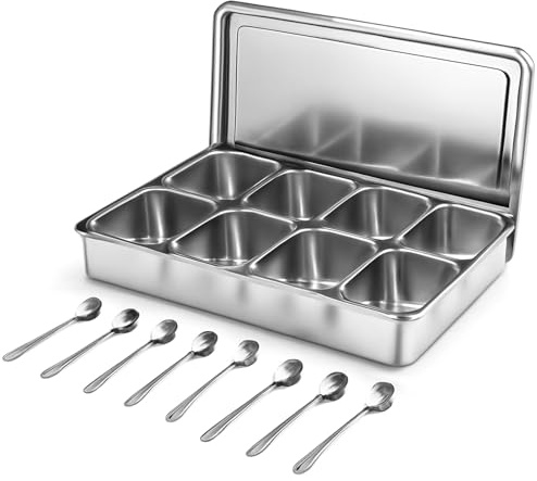 Stainless Steel Spice Box Tray 45*30cm with 8 Removable Compartments, Multi Grid Seasoning Storage Box Container Cruet for Home Kitchen Condiment Jars with Lid and Spoon, Pepper Salt Sugar Organizer