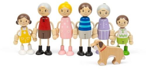 Bigjigs Toys Generationella familjedockor | Set med 7 trädockhus | Små leksaksfamiljer | Barn, föräldrar, mor- och farföräldrar och hundfigurer för dockhus |