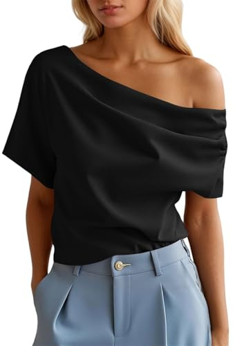 T-shirt basique pour femme - Épaules dénudées - Volants - Manches courtes - Pour le quotidien - Vacances - Tenue polyvalente - Pour toute l'année - Décontracté - Confortable