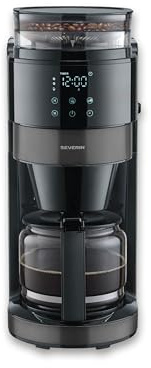 Severin Cafetera de goteo, con jarra de cristal y molinillo, 1,25L de capacidad, hasta 10 tazas, interrupción por goteo, aroma intenso, pantalla LED, 900W, inox oscuro, negro, KA 4830