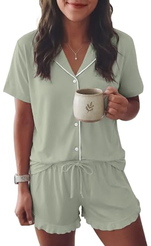 Ekouaer Womens Pyjamas Sets Button Down Classic Pjs with Drawstring S-XXL | short sleeved top, v neck turn down collar, contrast piping, elasticated waist shorts with wavy hem, soft, lightweight