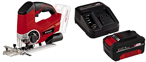 Einhell TE-JS 18 Li - Solo Seghetto + Power-X-Change Starter Kit, Caricabatteria e Batteria da 4000 mAh Li-Ion, Nero, Rosso