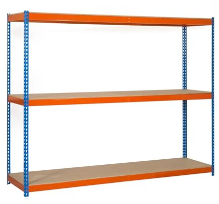Simon Rack 1 étagère industrielle, 3 étagères, 400 kg point flexion, bleu/orange/bois, 2 000 x 1 200 x 600