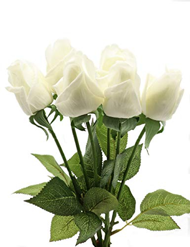 CCUCKY 6 Stück Künstliche Rosen, Real Touch Seidenblumen mit grünen Blättern, perfekt für Hochzeit, Jubiläum, Zuhause, Büro, Dekoration DIY (Weiß)