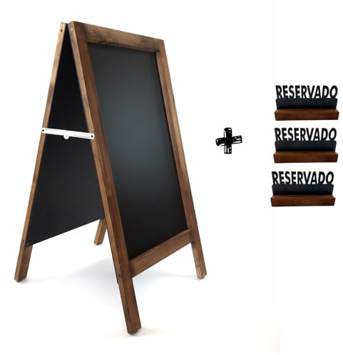 Pizarra caballete marco madera 90 X 50 cm Pizarra negra doble cara apta para tizas y rotuladores efecto tiza. Ideal para hostelería, infantil, restaurante, habitación niños, etc. (NOGAL)
