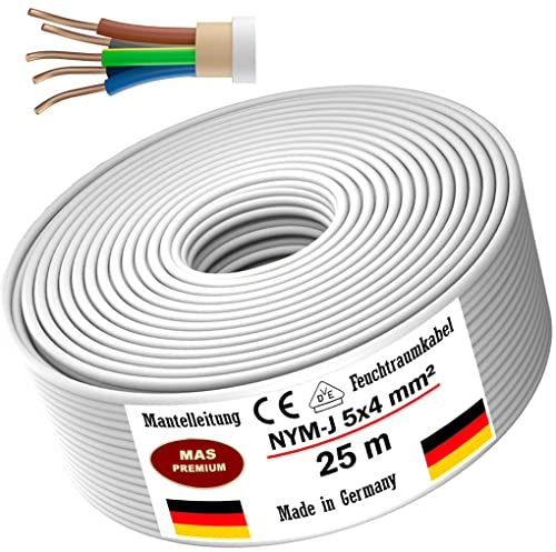 MAS Premium Feuchtraumkabel Stromkabel von 5m bis 70m Mantelleitung NYM-J 5x4 mm² Elektrokabel Ring für feste Verlegung (25 m)