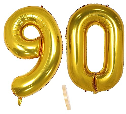 Folienballon Zahl Deko Gold 90 für Frauen Männer, XXL 100cm Riesen Nummer Aufblasbar Helium Ballon Figuren Zahlen Luftballons für 90. Jahre Mann Frau Geburtstag Hochzeit Jubiläum Party Dekoration