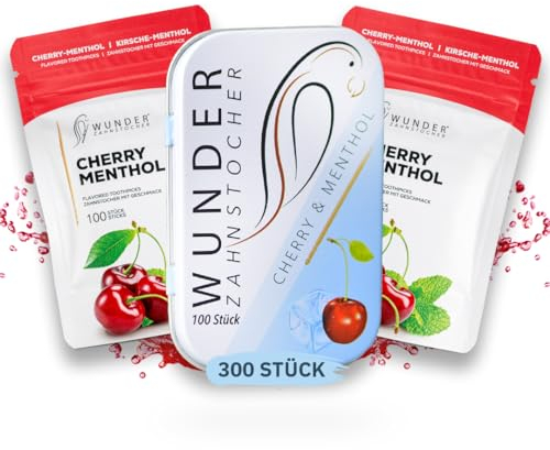 Wunder Zahnstocher mit Geschmack - 300er Vorratspack Kirsche Menthol - anhaltender Geschmack - frischer Atem - gegen Nägelkauen & Mundgeruch - Raucherentwöhnung - Alternative zu Kaugummi - zuckerfrei