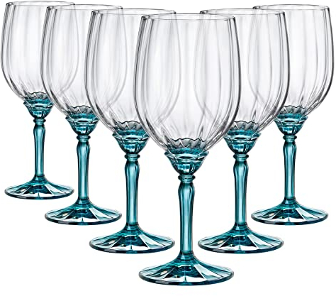 6x Azul 535ml Florian Copas Vino Tinto - Largo Vidrio Blanco Rosado Tallo Cóctel Fiesta Copas Beber Set Regalo - por Bormioli Rocco