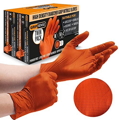 GripSense Guantes Nitrilo Talla M (2 Packs de 50) – Guantes Fregar Agarre de Diamante – Guantes de Trabajo Extragruesos, Superresistentes, Máxima Precisión – Guantes Mecánico Sin Látex ni Polvo