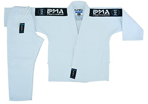 Playwell Childrens Kids Elite BJJ Jiu Jitsu Uniform GI - White (comes with Free BJJ White Belt) (M2)