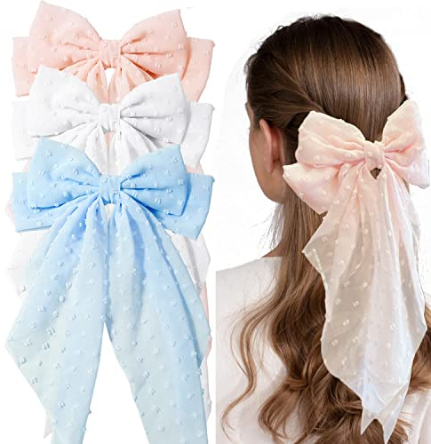 3 Pieces Large Hair Bows with Long Tail for Women and Girls - Big Plain Color Bowknot Barrettes in Bright Colors