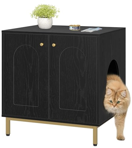 Hzuaneri Katzenschrank, Katzentoilette, Katzenklo Schrank, Katzenhaus mit Tür, Hölzerner Beistelltisch für das Haustierhaus, 60 x 50 x 61 cm, Stabile Katzenschrank, Schwarz und Gold CB81204G