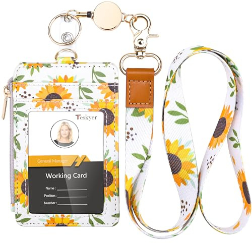 Teskyer Porta Tarjetas Identificativas, con Cordón Retráctil, Cordón de Nylon, Cuero PU, con Bolsillo de Cremallera, 4 Ranuras Para Tarjetas, Girasol