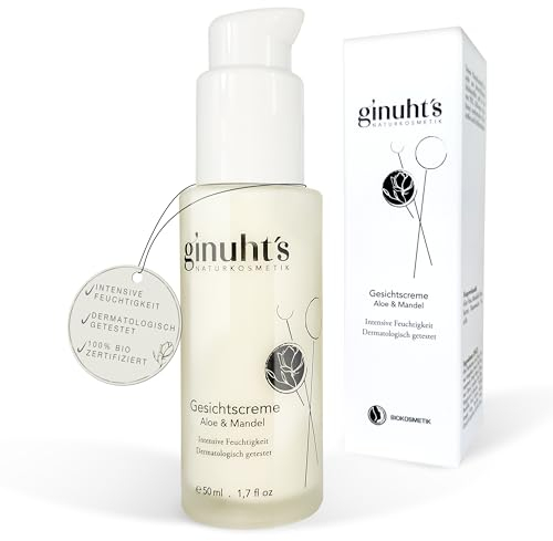 ginuht's NATURKOSMETIK Gesichtscreme 100% Bio für intensive Feuchtigkeit | Schnell einziehende Feuchtigkeitscreme für das Gesicht | Entzündungshemmende Tagescreme mit Aloe Vera & Mandelöl (50ml)