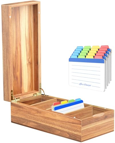 Neando Acacia Wood Business Card Holder with Lid – 2x3.5” Index Card Organizer with 5 Compartments, Holds 600 Cards, Magnetic Closure, 20 Blank Tabs – Rustic Desktop Filing Box for Office & Home