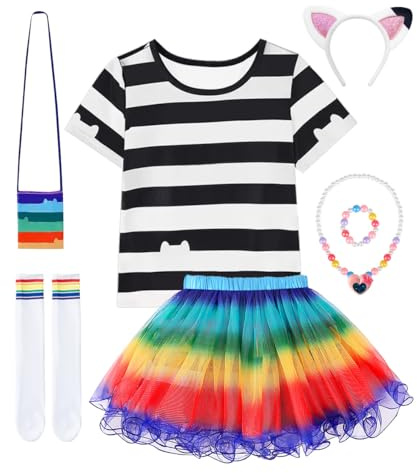 COYBTO Déguisement Princesse Fille, Robe Tutu arc-en-ciel pour Filles avec Ensemble T-shirt Chat Tutu Arc-en-ciel Collier Sac, Decoration Anniversaire Fille pour Halloween Carnaval Cosplay (110)