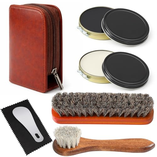 Wovnet Shoe Polish Kit, 7 Pcs Winter Leather Boot Care Kit for Men, Black Shoes Shine Kits for Cleaning with PU Storage Bag