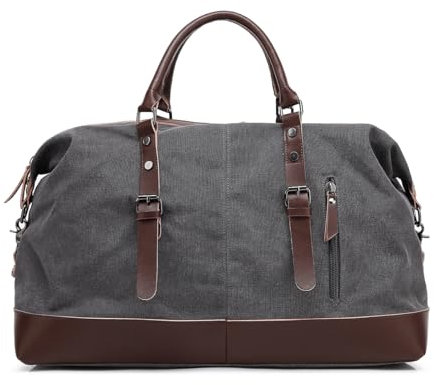 SunBorls Uni-Reisetasche mit großem Fassungsvermögen – 55 l Segeltuch, Echtleder-Akzente, Handgepäck, Übernachtungs- und Wochenendtasche für Damen und Herren, grau, Vintage-Handheld, Crossbody