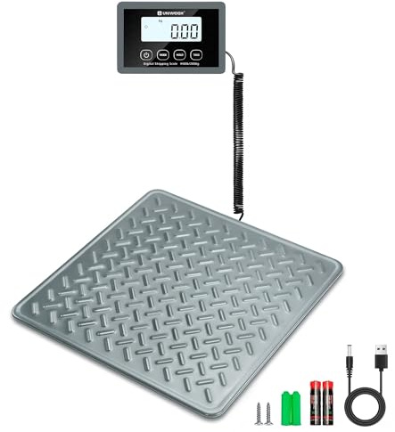 UNIWEIGH Paketvåg 200 kg 440 pund, digital brevvåg, stark stålplattform | Brevvåg med LCD, fraktvåg med håll/tara/auto-off funktion, våg för bagage/lager, batteri och USB-drift, grå