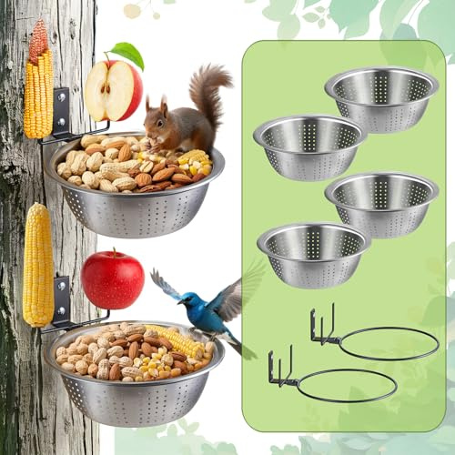 TKMSV 2 Pack Squirrel Feeders, 4 Colander Bowls (Each 8.5/1.4L) for Replacement, Dual Corn Cob Spikes for Multi-Food, Metal Squirrel Feeders for Outside Tree Fence, Removable Bowl Easy Clean/Refill