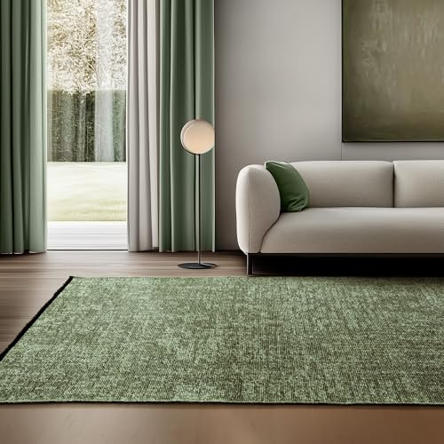SIMPEX Chenille Teppich Baumwolle Grün 120x170 cm Boho-Stil, Vintage Kelim, Waschbar, Kurzflor, rutschfest & Weich, Einfarbig Meliert, Für Wohnzimmer, Schlafzimmer, Büro & Küche