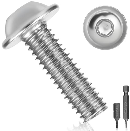 Lot de 50 vis à tête bombée M6 x 25 en acier inoxydable A2 V2A vis à tête plate ISO 7380 vis à tête bombée inoxydables vis filetées à filetage complet avec bride, six pans creux rond et clé hexagonale