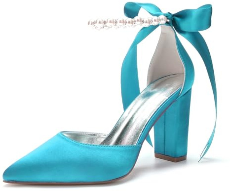 Escarpins Femme Satin Petit Talon Bout Pointed Bout Fermé Femme Talon Chaussures De Mariage avec Pearl Lacet Parfait pour Les Mariages et Les fêtes(Turquoise,39)