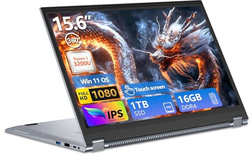 Ordenador Portátil 2 en 1, PC Portátil R3 3200U CPU, Win 11 Portatil 16 GB RAM 1TB SSD, 15,6 Pulgadas Laptop Pantalla Táctil Giro de 360°, Radeon Graphics GPU, RJ45+TipoC+USB 3.0+Mini-HDMI+Webcam