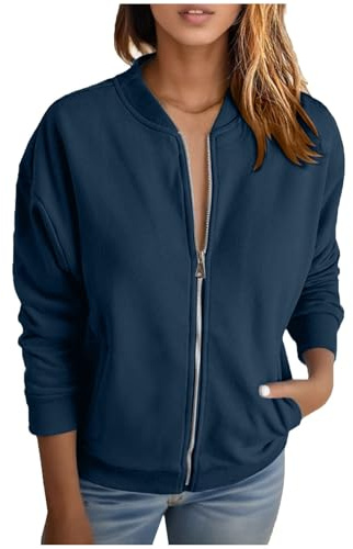 Duohropke - Sudadera bomber para mujer, chaqueta ligera de entretiempo sin capucha, manga larga, cuello alto, chaqueta bomber, chaqueta de otoño, invierno, chaqueta de piloto, estilo deportivo