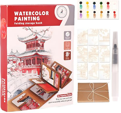 Glvomazty Quaderno di Lavoro per Acquerelli, Set di Pittura ad Acquerello per Principianti, libro da colorare con acqua con pennelli e 12 colori, Impara ad Acquerellarli