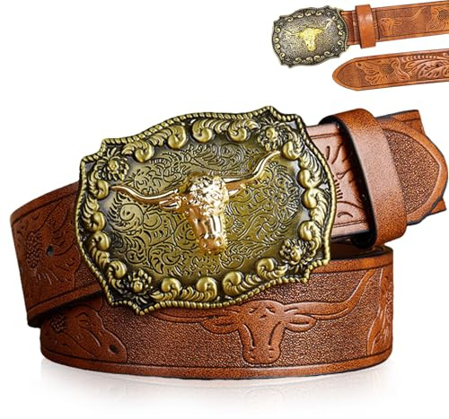 Liekadijiae Western Bull Läderbälte, Western Cowboy Bälte Män Kvinnor Blommigt Graverat Longhorn Bull Texas Läderspänne för Jeans för Födelsedagspresent (Midja 36–40 tum)