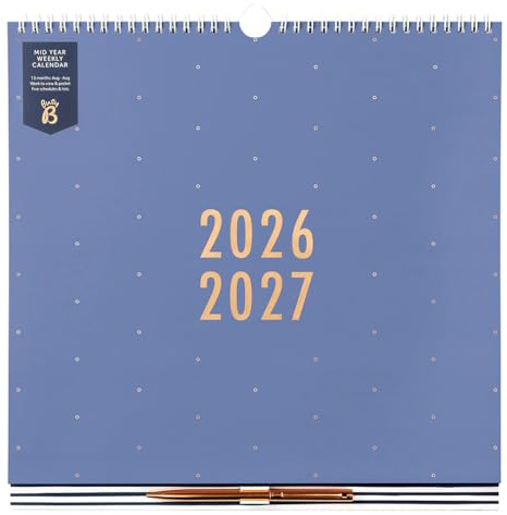 Busy B Calendrier mural académique août 2026/2027, semainier familial pour 5 personnes, avec stylo, plans repas, listes courses, autocollants, pochette de rangement, 30,5×30,5 cm, Bleu.