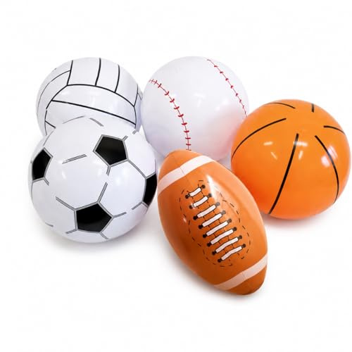 ZMYueda 5 pcs Inflatable Sports Beach Balls, Large Sports Themed Party Favors Basketball Soccer Football Baseball Beach Balls for Sport Game Party Supplies (5 Styles)