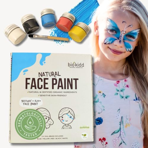 BioKidd Vernice naturale per pelli sensibili – ipoallergenico tavolozza trucco sicuro e a base d'acqua e vernice per il viso non tossica - 5 colori per Halloween e feste