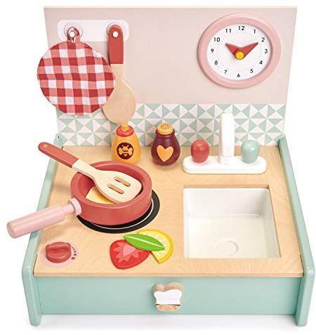 Tender Leaf Toys - Mini Chef Kitchenette - Foldable Portable Wooden Kitchen with Accessories for Pretend Cooking – Develops Social, Creative and Imaginative Skills - Learning Role Play - Age 3+
