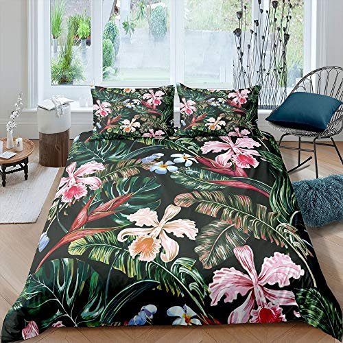 Palm Leaves Duvet Cover Tropical Floral Jungle Leaf Bedding Set King Size,Exotic Botanical Orchid Plant Flower Comforter Cover Set for Kids Boys Girls Teens Adult Hawaiian Style Bedroom Decor