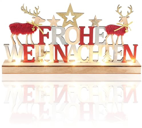 com-four® LED Deko Aufsteller aus Holz - beleuchteter Schriftzug auf Holzsockel - Deko-Schriftzug zum Hinstellen für Weihnachten - Stimmungslicht mit Timer (Hirsche - rot + grau)