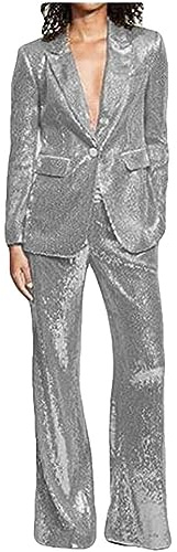 Botong Completo da donna con paillettes, elegante, 2 pezzi, con un bottone, smoking da matrimonio, tuta per feste di laurea, Argento, XS
