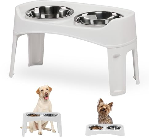 Iris Ohyama, Gamelle pour Chien, Support Gamelle Chien Surelevee, Double Bol INOX, Lot de 2, Hauteur Réglable, Anti Eclaboussure, Pliable, Digestion Fluide, pour Chat, Croquette, Eau, PEF-L, Blanc