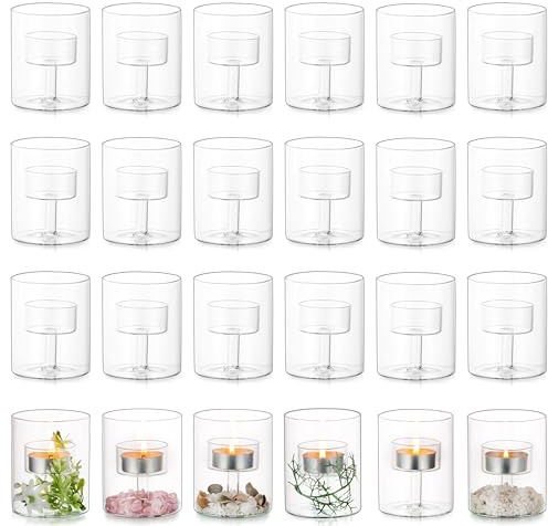 Glasseam Teelichtglas Glaszylinder für Kerzen, Teelichter Glas Kerzenhalter für Weihnachten Partylite, Zylinder Deko Teelichthalter Set 24 Stück, Teelichtgläser Vintage für Hochzeit Dekoration